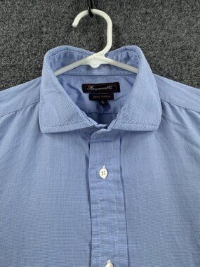 Faconnable Logo 16 Blue Mens White Check Shirt Long Sleeve French Cotton Pocket